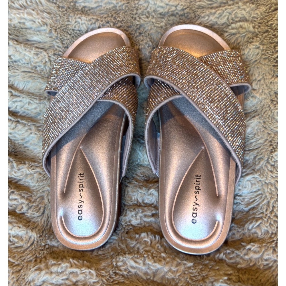 Easy Spirit Women's Judy Rhinestone Embellished Crisscross Slides Rose Gold 6.5